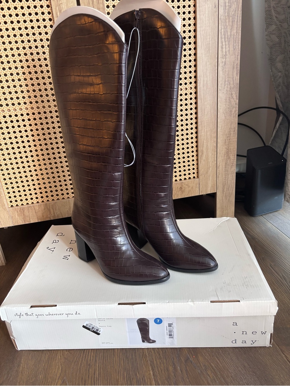 a new day Women's Tall Croc-Embossed Dark Brown Over-the-Knee Boots